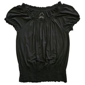 INC International Concepts Black Smocked Smocked Ruffle Peasant Top Boho M